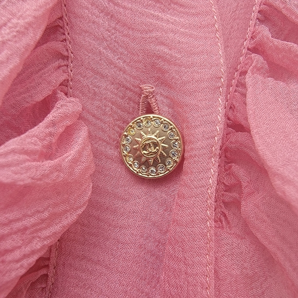 CHANEL fall 2006 runway pink ruffle blouse gold crystal logo buttons size 34 - Picture 15 of 16